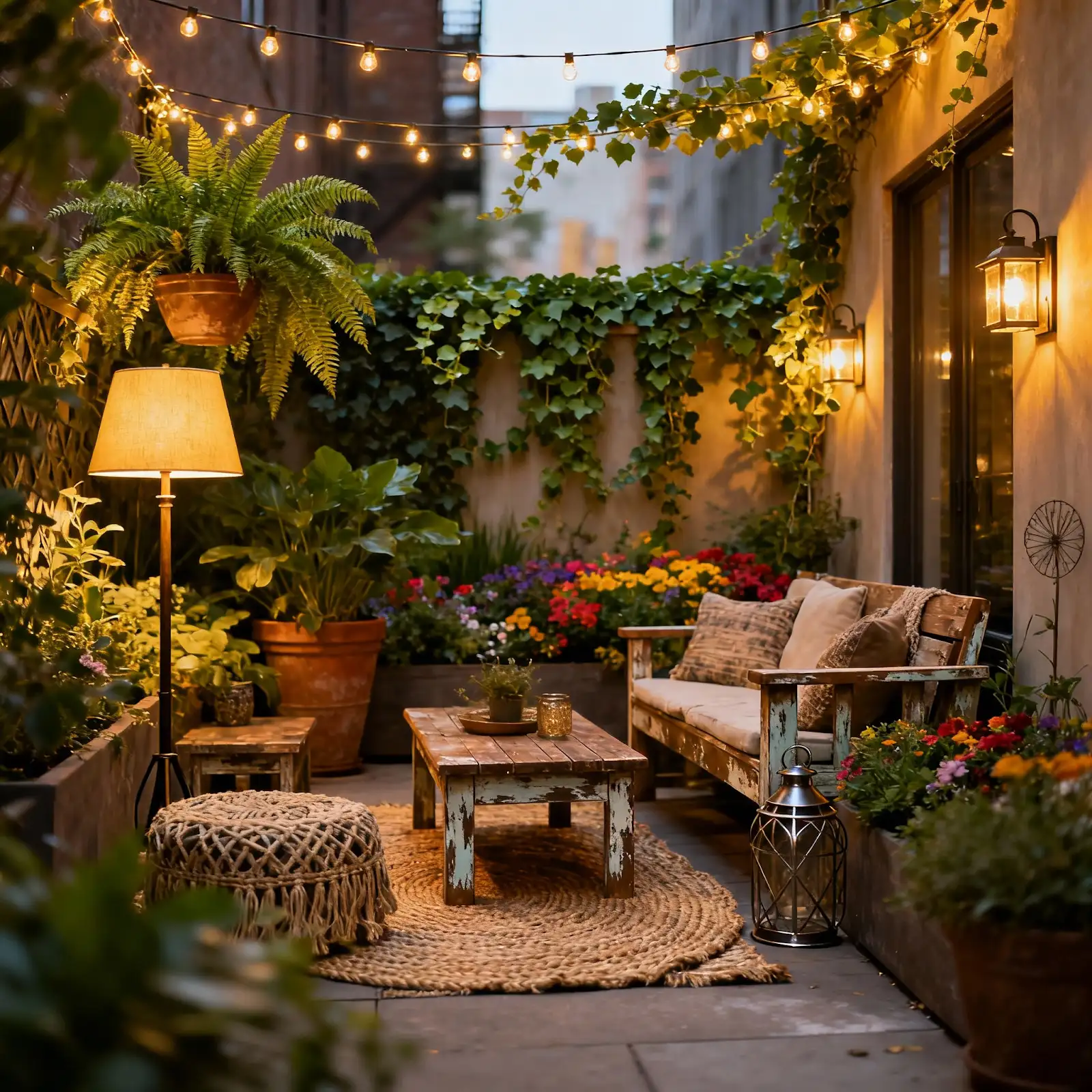 Cozy and stylish small garden patio with ambient lighting