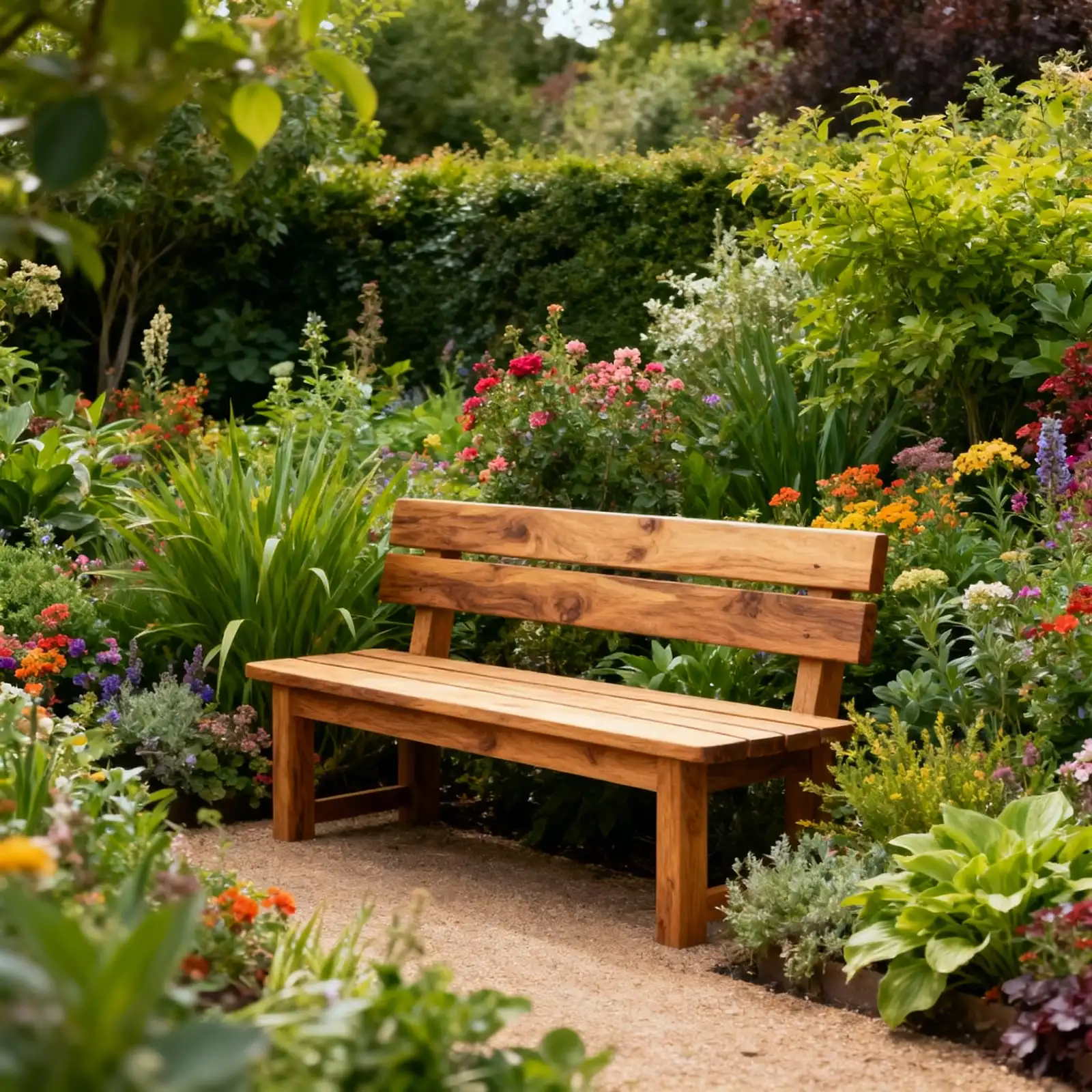 Lush garden with diverse flowering plants and wooden seating
