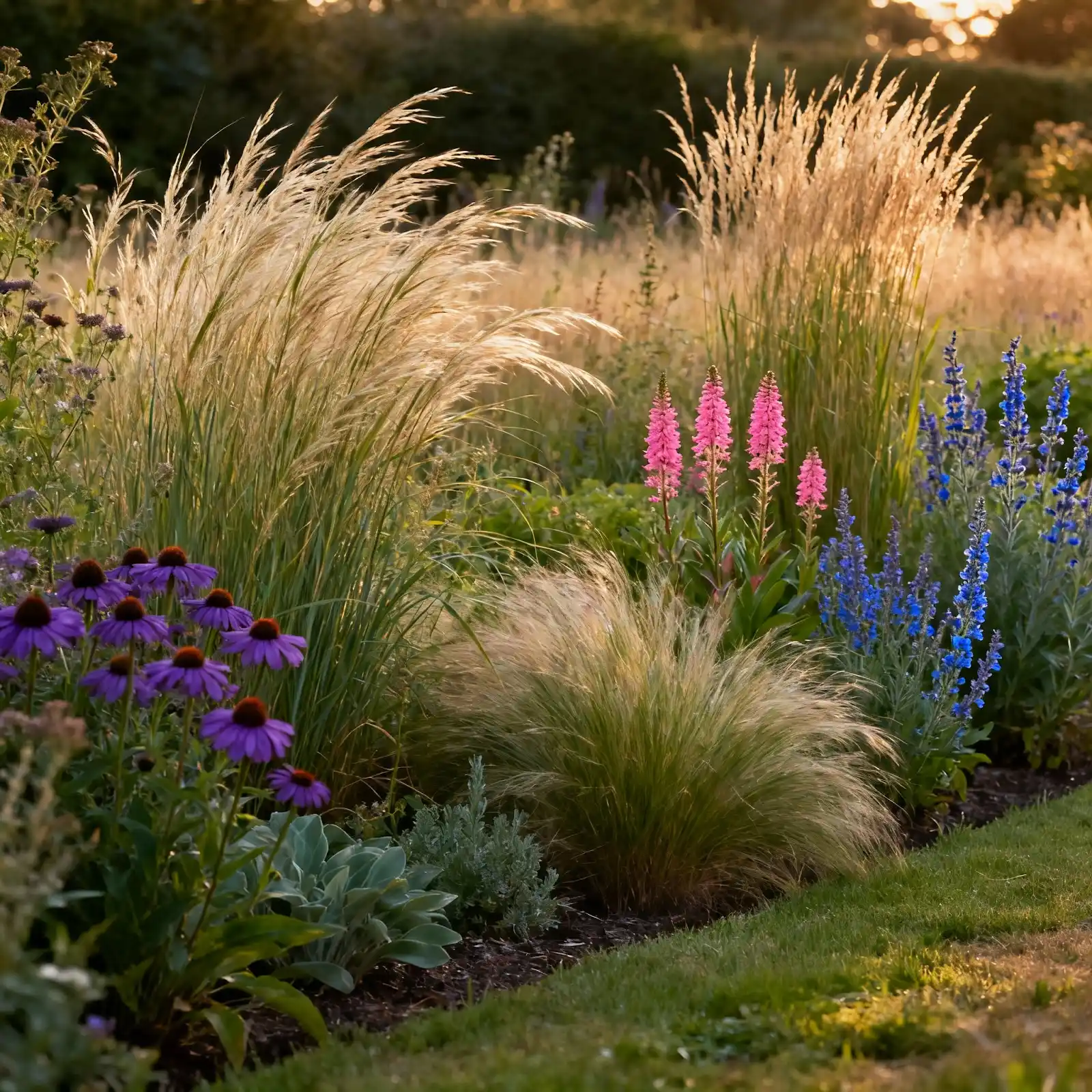 Prairie-style garden border with native UK perennials
