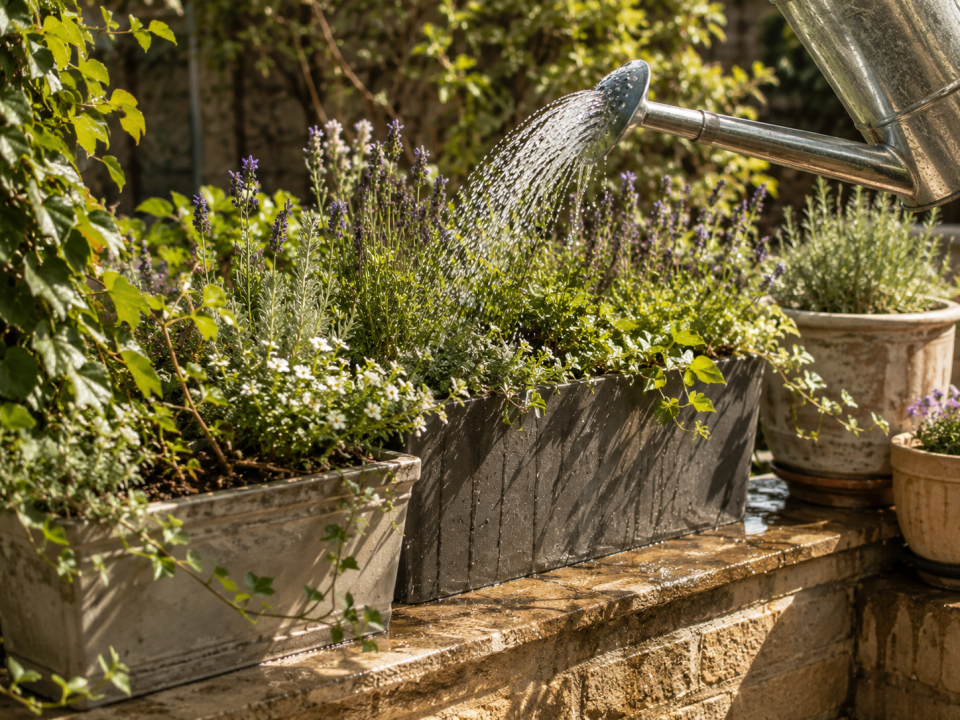Watering a window box of bedding plants in the early morning on a London balcony