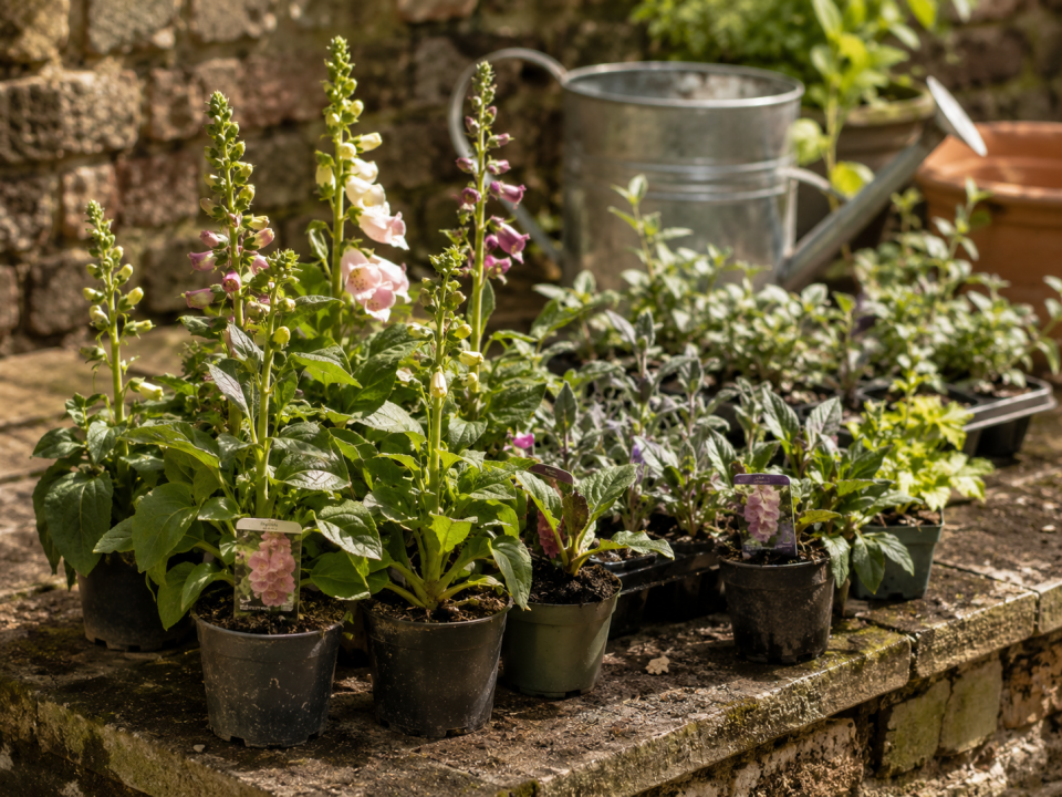 Young pot-grown foxglove plants ready to plant in a North London border in August