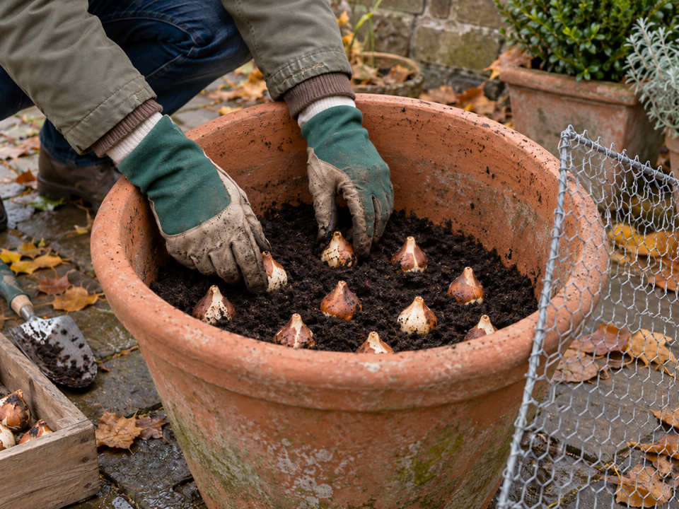 Planting tulip bulbs in a terracotta pot on a London patio in November, with chicken wire ready to cover the compost