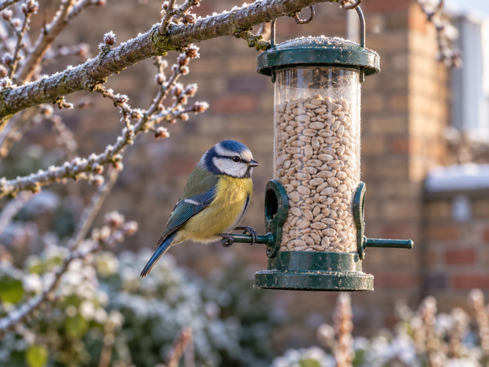 A blue tit feeding on sunflower hearts from a hanging bird feeder in a London garden on a frosty November morning