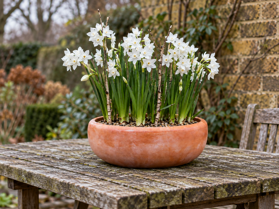 Paperwhite narcissus in flower in a low terracotta bowl on a London patio in winter