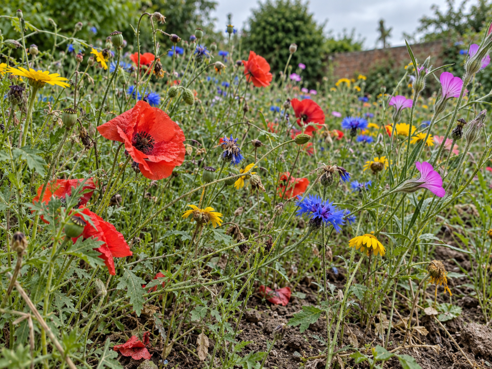 Annual wildflower mix of field poppy, cornflower, corn marigold and corncockle flowering in a London garden bed