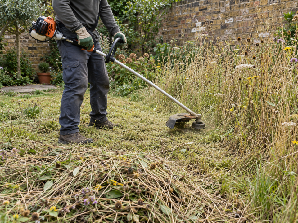 Cutting back a wildflower meadow with a strimmer in late summer and raking off the cuttings