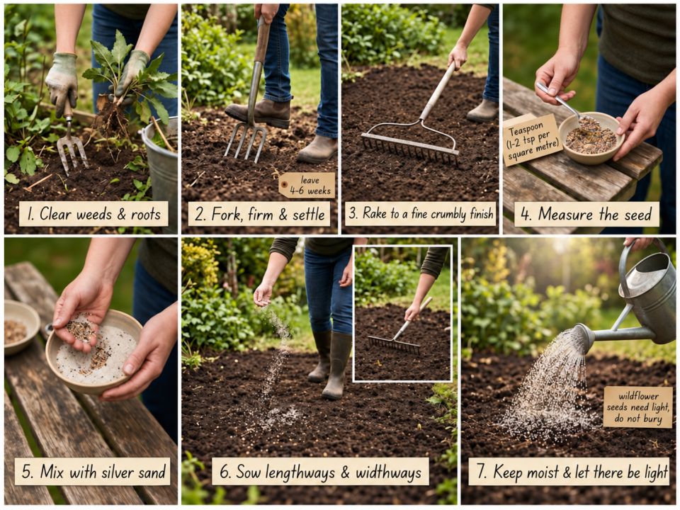 Seven-step infographic showing how to sow wildflower seeds, from clearing weeds to watering
