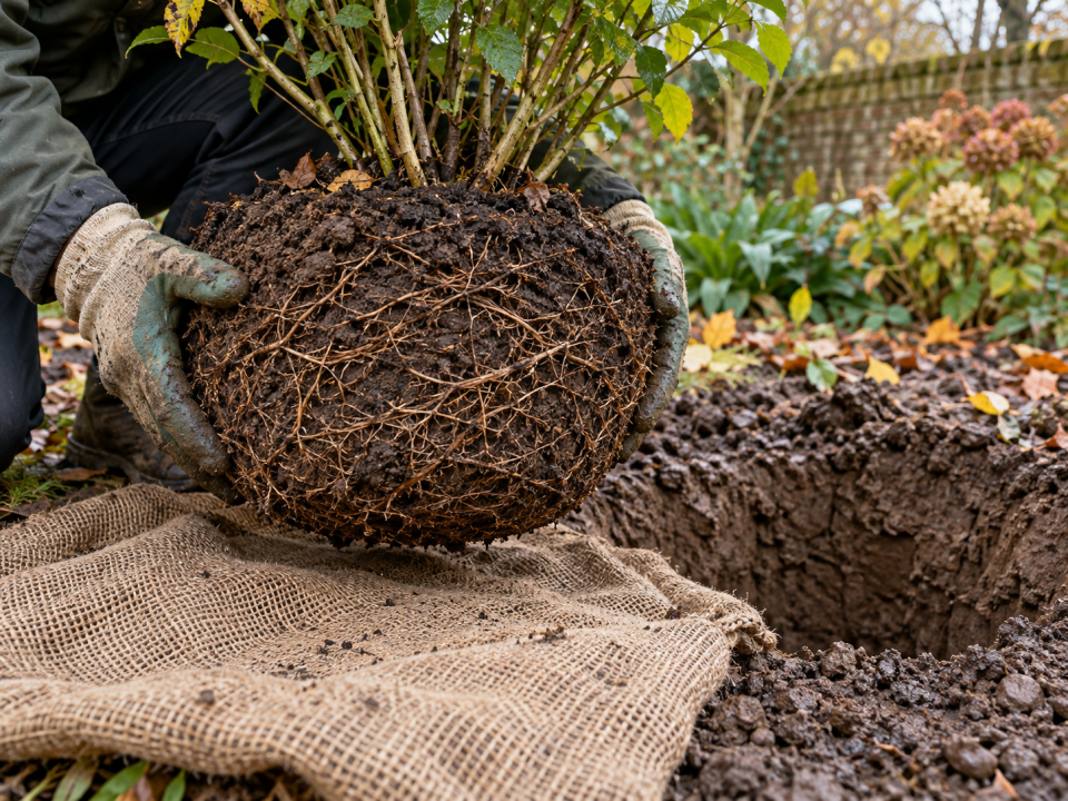 Root ball wrapped in damp hessian beside a prepared planting hole in a London garden border
