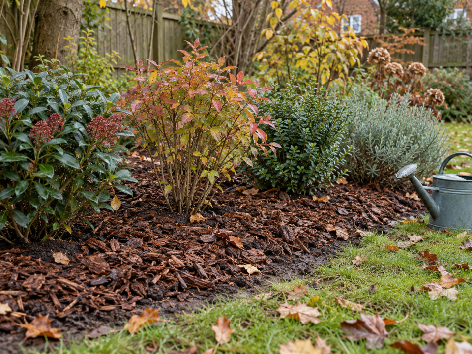 Newly replanted shrub border on clay soil, firmed in and mulched