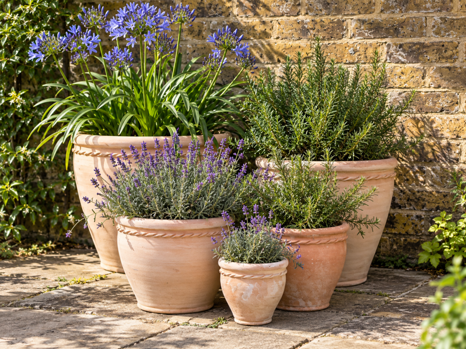 Lavender, rosemary and agapanthus grouped together in terracotta pots in a sunny London garden