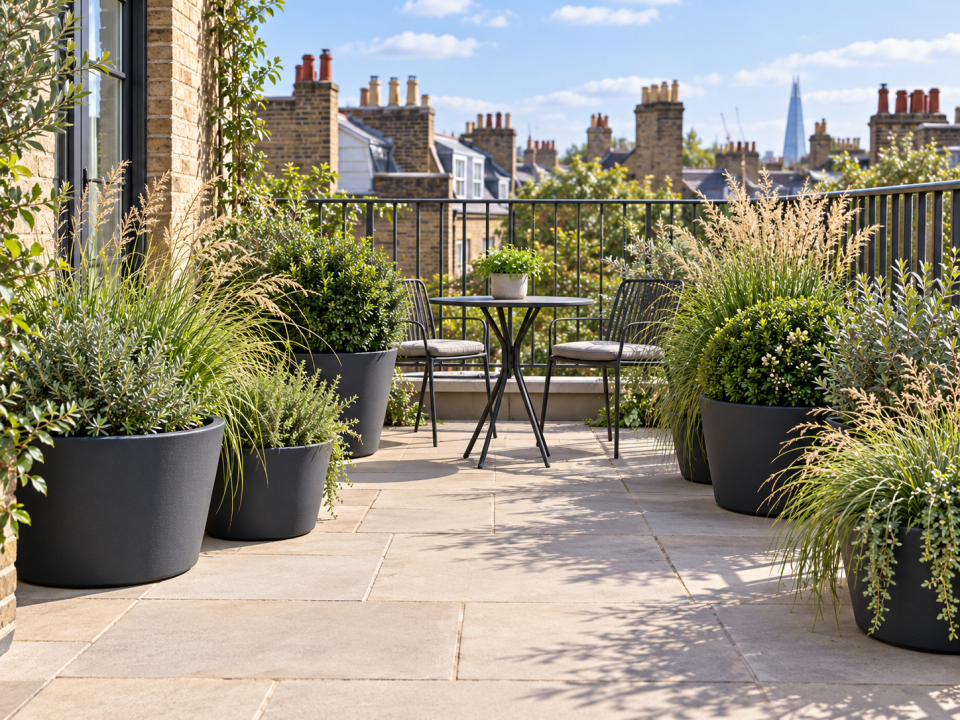 Lightweight pots arranged along the railing of a London roof terrace, with the centre kept clear for access
