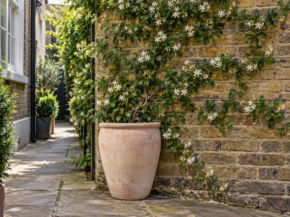 Star jasmine trained up wires on a garden wall, growing from a large pot at its base