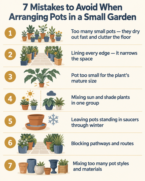 Infographic: seven common mistakes when arranging pots in a small garden