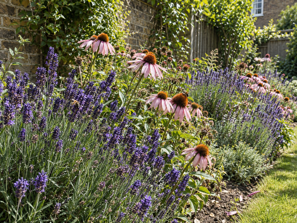 Lavandula 'Hidcote' and Echinacea 'Sunseekers Blush' flowering together in a sunny border