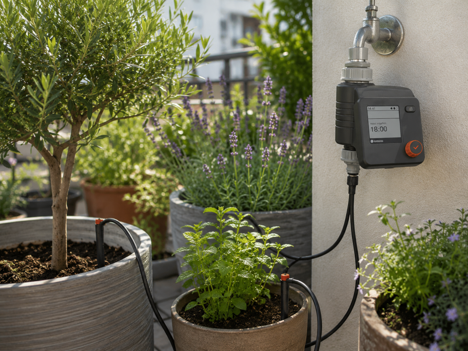 Gardena drip irrigation and tap timer equipment for watering a planted London terrace