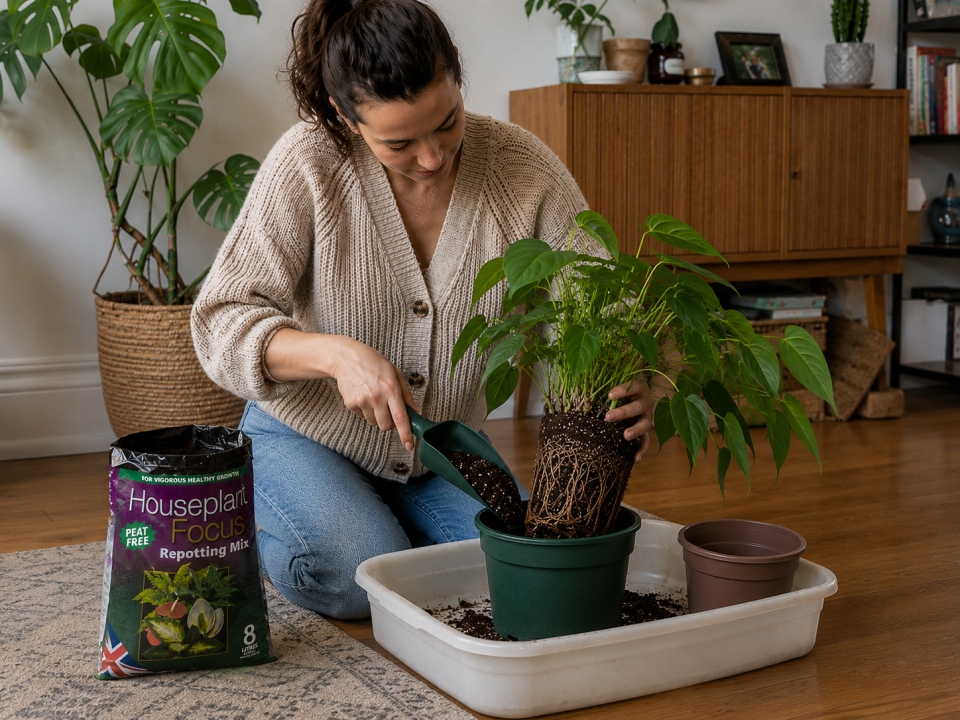 Houseplant being repotted into specialist peat-free compost from the Growth Technology Focus range