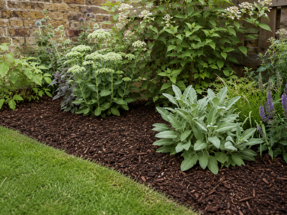 Mulched North London garden border in summer with a water butt alongside a downpipe