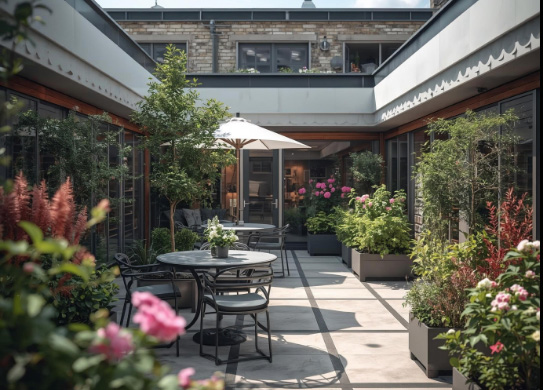 Courtyard garden container planting in London