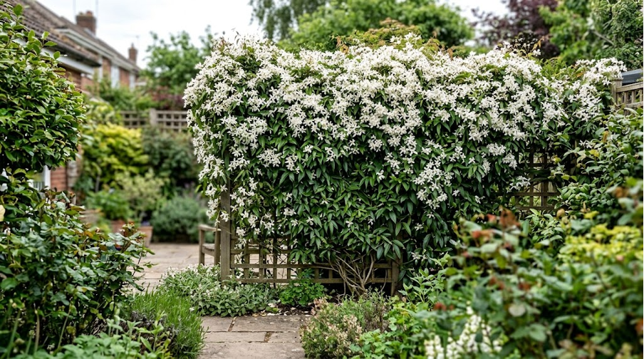Clematis armandii in full white flower trained across a trellis panel above a garden fence