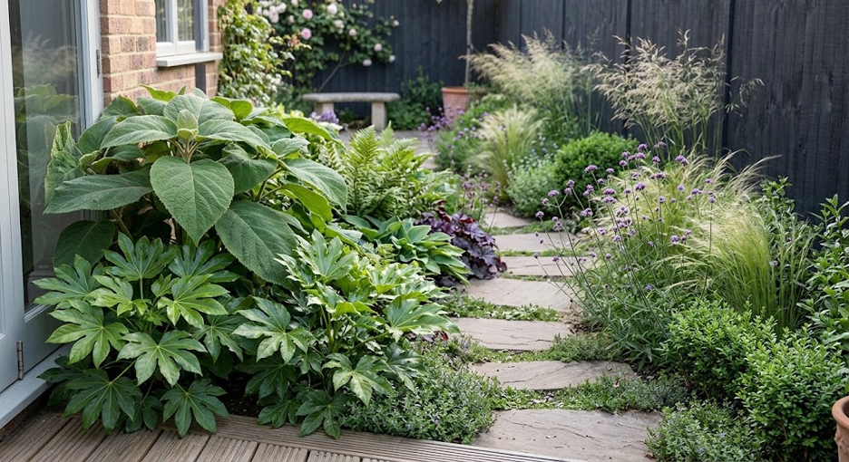 Small London garden with large-leaved Fatsia planting close to the house and fine-textured grasses at the far boundary