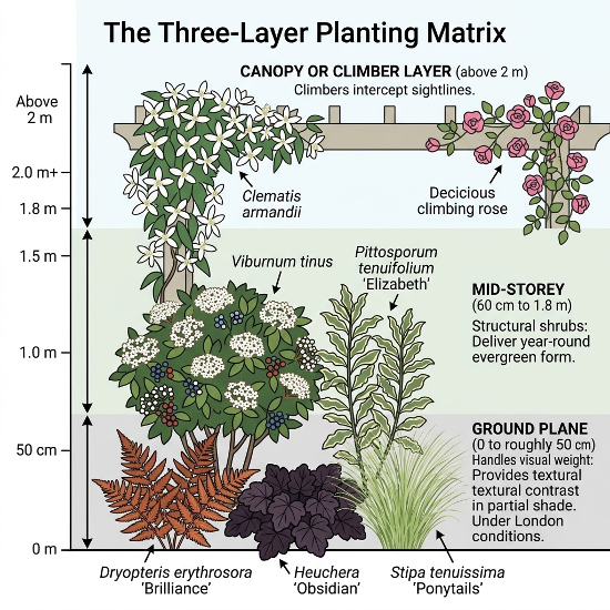 Diagram of the three-layer planting matrix for a small London garden: ground plane below 50cm, mid-storey shrubs to 1.8m, and climbers above 2m