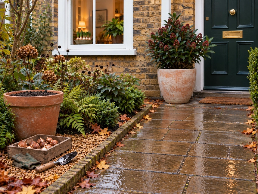 Fallen leaves being raked into a sack in a North London terrace garden on a November morning