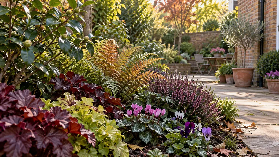 Autumn border in a North London garden combining camellia, ferns, heuchera, heather & cyclamen