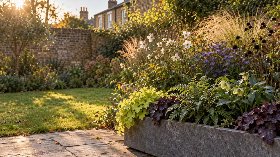 A winter trough of heucheras, fern and hellebore in front of an October border of Japanese anemones