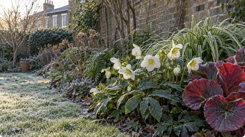 A frost-rimed London border with Hellebores in flower beside evergreen Bergenia and Carex foliiage