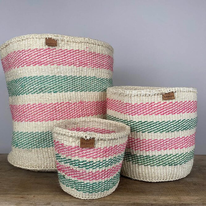Alama Pink & Green Weaved Straw Basket (D15cm x H14cm) Indoor Pot Plant Cover - image 3