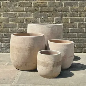 Antique Sand Boolay Stone Tall Planter - Handmade Outdoor Plant Pot