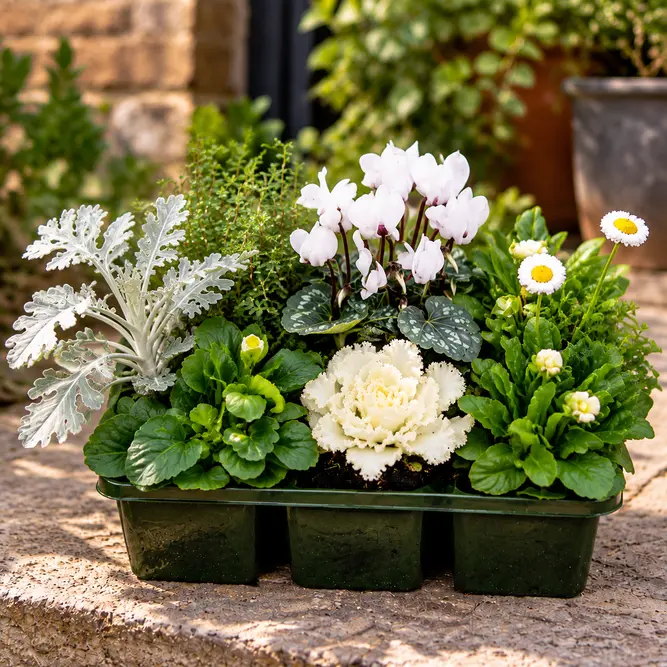 Autumn Shades White - 6 Pack - Cyclamen, Jacobaea, Brassica, Bellis, Primula & Thymus - image 1