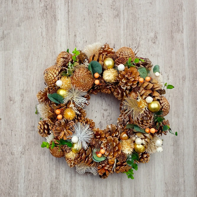 Christmas Table Wreath Handmade - Cones, Gold Baubles & Foliage - image 1