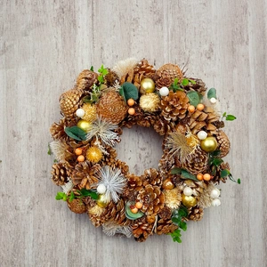 Christmas Table Wreath Handmade - Cones, Gold Baubles & Foliage