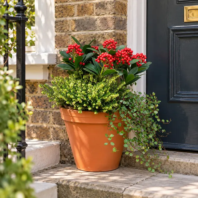 Darley Downs Planter (25cm) Erica Darley Dale, Muehlenbeckia, and Skimmia Pabella