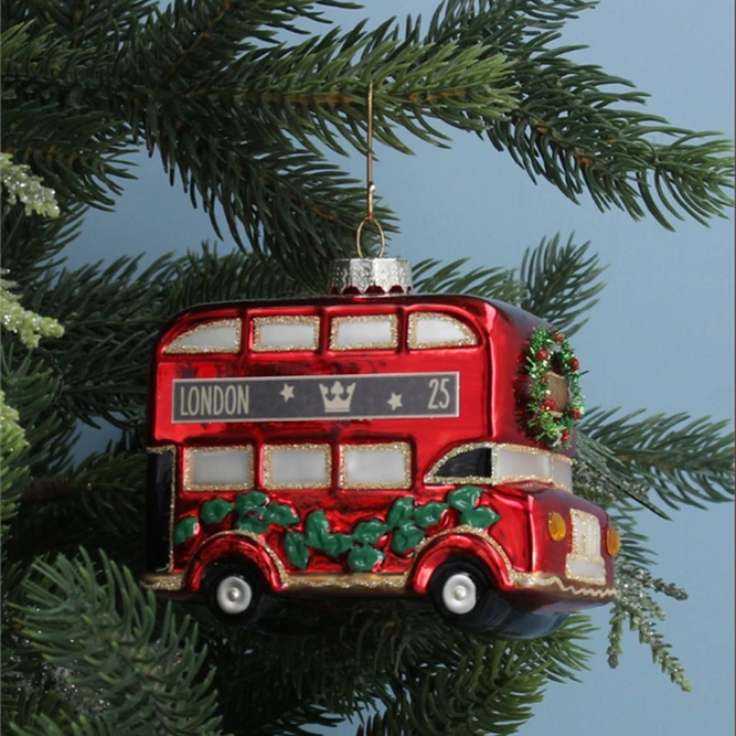 Glass London Bus with wreath and garland Christmas Tree Decoration