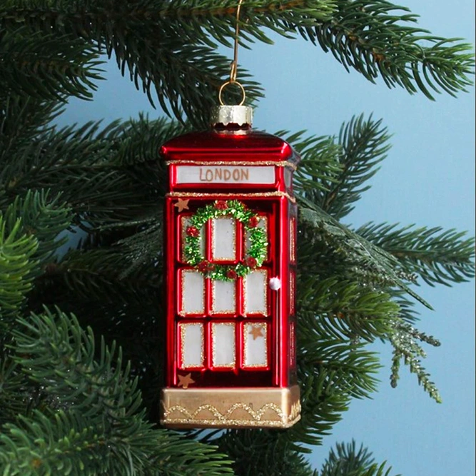 Glass London Phone Box with wreath Christmas Tree Decoration