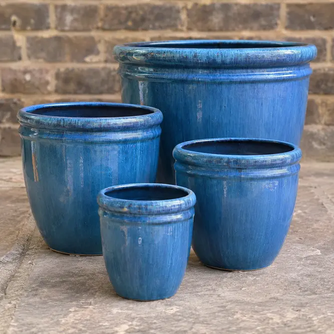 Glazed Aqua Double Ring Planter (D38cm x H32cm) Handmade Outdoor Plant Pot - image 1