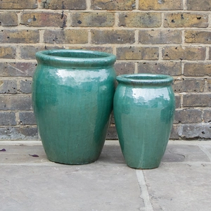 Glazed Aqua Green Delta Stretched (D27cm x H40cm) Handmade Terracotta Planter Outdoor Plant Pot