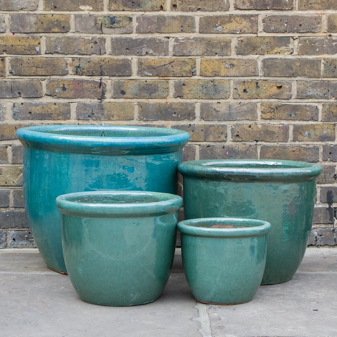 Glazed Aqua Green Rim HP001 D50cm x H39cm Handmade Terracotta Planter Outdoor Plant Pot The Boma Garden Centre