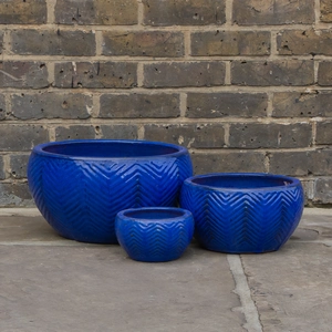 Glazed Blue Fishbone Portly Bowl (D40cm x H21cm) Handmade Terracotta Planter Outdoor Plant Pot