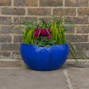 Glazed Blue Fishbone Portly Bowl (D40cm x H21cm) Handmade Terracotta Planter Outdoor Plant Pot - image 5