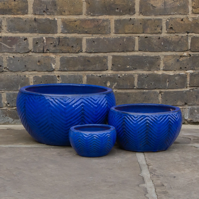 Glazed Blue Fishbone Portly Bowl (D29cm x H15cm) Handmade Terracotta Planter Outdoor Plant Pot - image 1