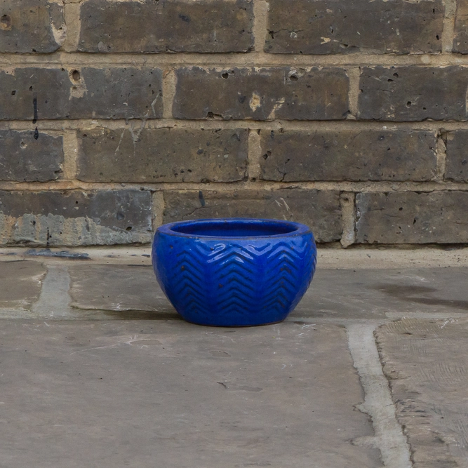 Glazed Blue Fishbone Portly Bowl (D18cm x H10cm) Handmade Terracotta Planter Outdoor Plant Pot - image 2