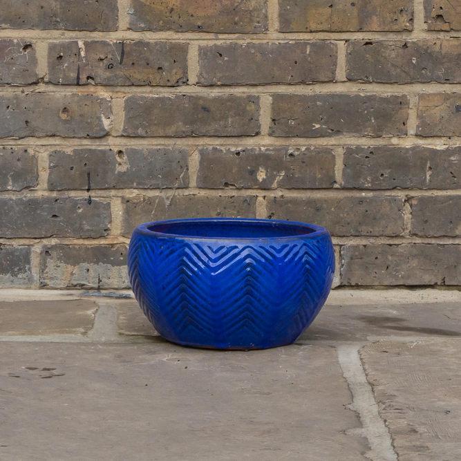 Glazed Blue Fishbone Portly Bowl (D29cm x H15cm) Handmade Terracotta Planter Outdoor Plant Pot - image 2
