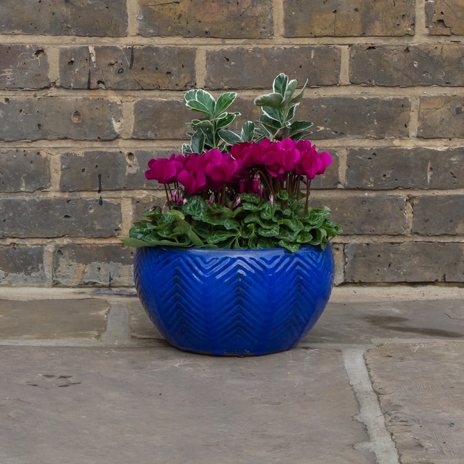 Glazed Blue Fishbone Portly Bowl (D29cm x H15cm) Handmade Terracotta Planter Outdoor Plant Pot - image 3