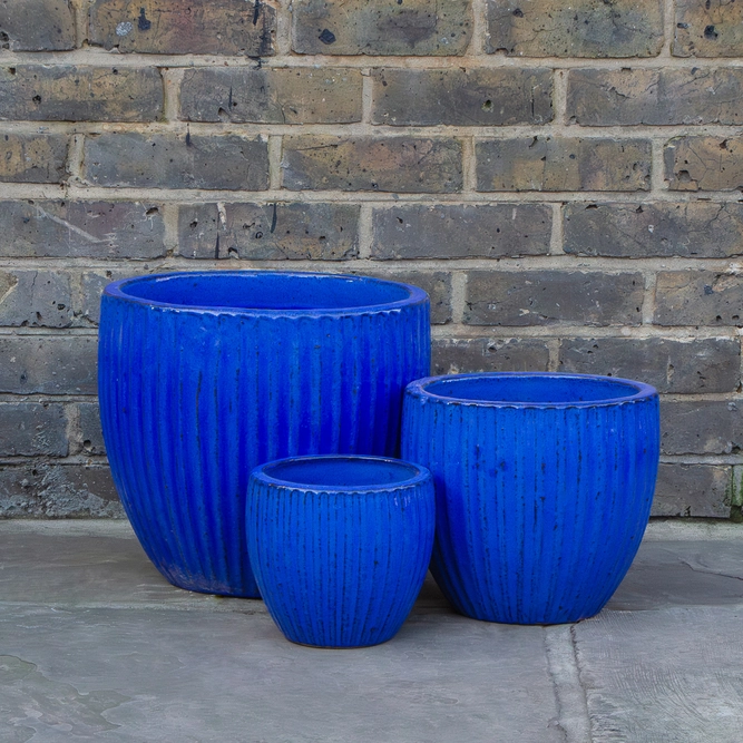 Glazed Blue Portly Egg Rib (D37cm x H34cm) Handmade Terracotta Planter Outdoor Plant Pot - image 1