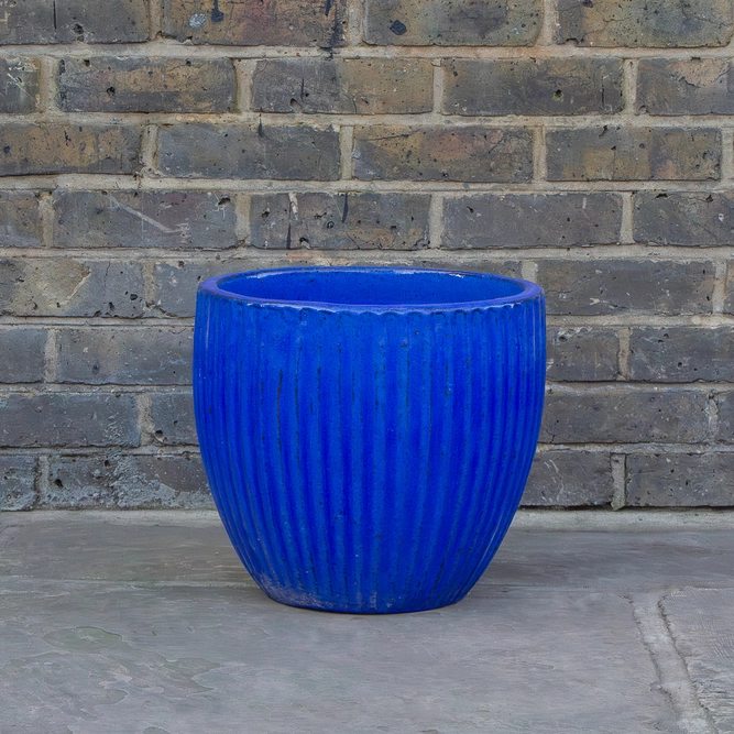 Glazed Blue Portly Egg Rib (D37cm x H34cm) Handmade Terracotta Planter Outdoor Plant Pot - image 2