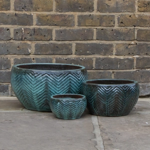Glazed Green Fishbone Portly Bowl Terracotta Planter (D40cm x H21cm) Outdoor Plant Pot - image 1