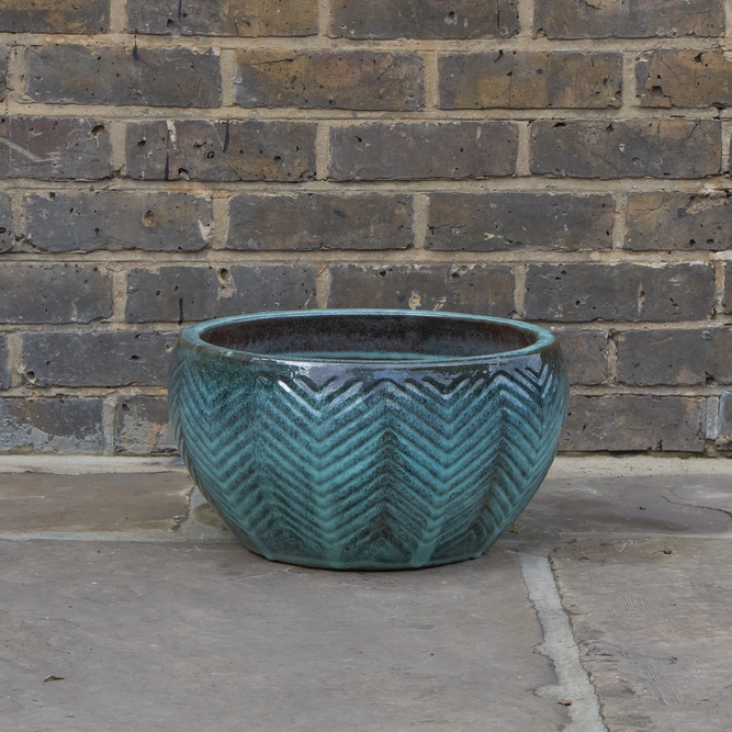 Glazed Green Fishbone Portly Bowl Terracotta Planter (D40cm x H21cm) Outdoor Plant Pot - image 2